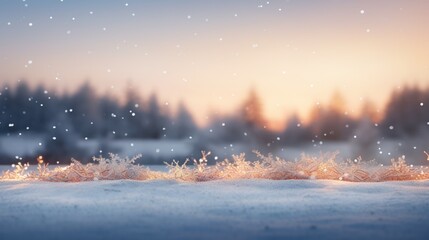 Fototapeta premium Frozen winter forest with snow covered trees. Forest out of focus. Blurred light. Dry grass in the snow. Winter background.