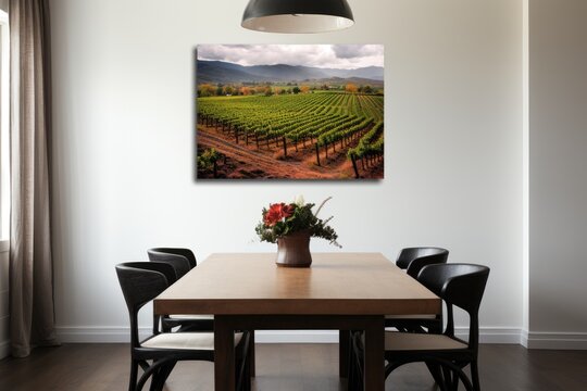 Floral decor with landscape photo on white wall, showcasing vineyard atmosphere.