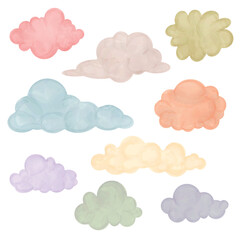 Watercolor hand painted cloud set isolated on white. Vector illustration.