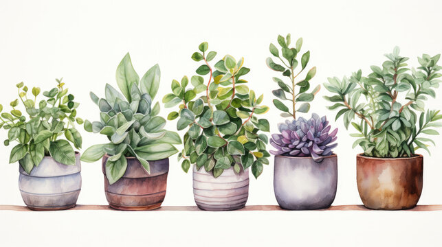 Illustration Of Small Plants In Flowerpots Isolated On White Background.