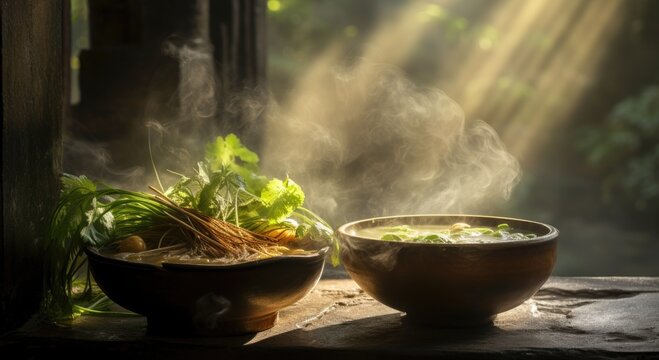 Thai spicy soup with herbs in clay bowl on wooden table.