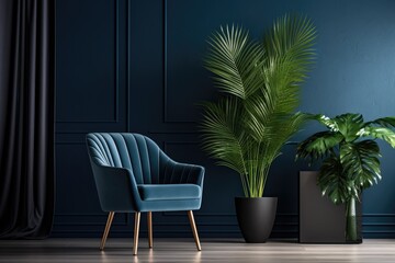 a stylish room with a blue felt chair, dark navy green and white walls, a large plant with palm leaves, and a vertical view highlighting an accent wall for painting or wallpaper.