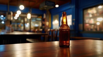 bottle of beer on a table in a pub, shallow depth of field