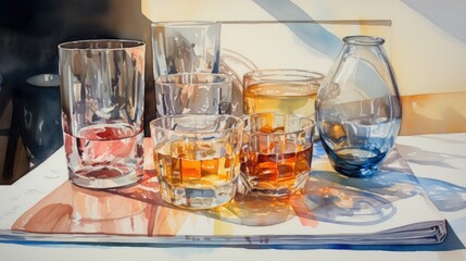 Colorful drinks in glasses on a white background. Watercolor style painting