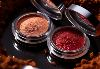 A close-up of pearlescent shimmery palette of red and orange glitter eyeshadows for creating eye makeup