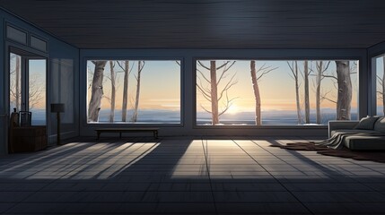 Modern bright interiors. View through the window. Winter season. Empty room. Morning lighting.