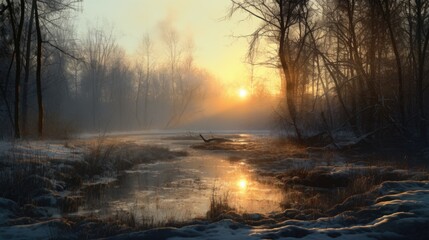 Foggy morning on the river in the winter forest. Landscape.