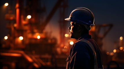 Petrochemical engineer wearing safety uniform and helmet at oil refinery factory