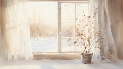 White vase with dry flowers on the windowsill in winter. View through the window. Winter season. Morning lighting.