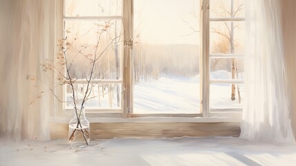 Fototapeta premium White vase with dry flowers on the windowsill in winter. View through the window. Winter season. Morning lighting.
