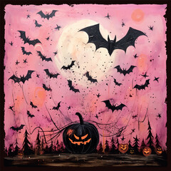Pink sunset with Halloween pumpkin. Spooky black flying bats. Evil horror atmosphere. Mix media modern square vector design print