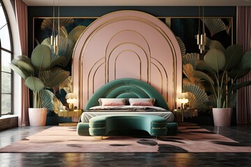 a bedroom interior in art deco style with green, pink, and gold color scheme featuring an arch wall design.