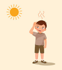 Little boy suffering from heat stoke with extreme weather temperature because of global climate change