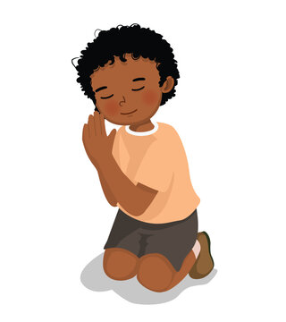 recommend clip art: Cute little African boy praying kneeling on his knee