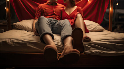 a couple in love sit on a couch or bed together and hug.