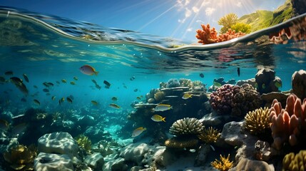 Underwater view of coral reef and tropical fish in blue ocean - obrazy, fototapety, plakaty