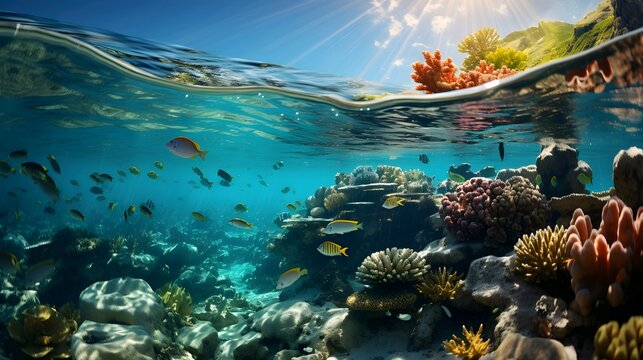 Underwater view of coral reef and tropical fish in blue ocean
