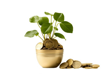Gold Coins with a Plant atop, Isolated on a Transparent Background. AI