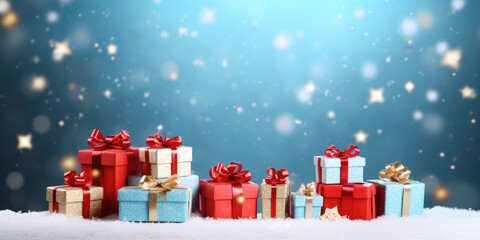 Christmas holiday boxes with gifts on a blur blue christmas background.  Generative AI