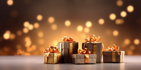 Christmas boxes with golden bows with gifts on a blur gold Christmas background. Generative AI