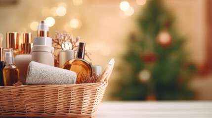 Wicker basket with cosmetics on a blurred Christmas background. Copy space.