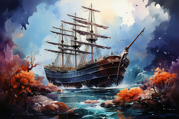 Pirate ship on the sea. Digital painting. Illustration.