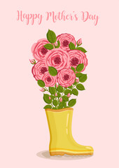 Mother's day greeting card. Bouquet of roses in yellow rain boot. Botanical vector illustration isolated for postcard, poster, ad, decor and other uses.