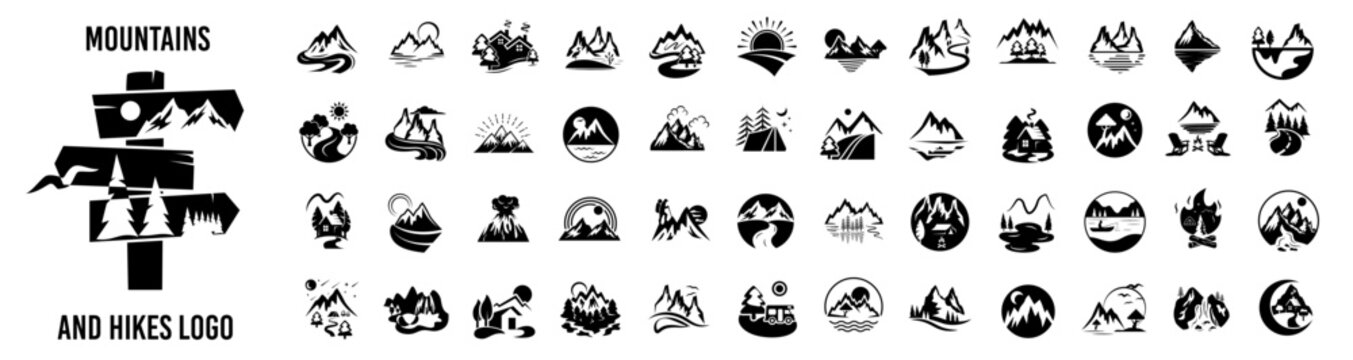 Mountain icons set, rivers, lakes, nature landscape, hills, forest, wood, trees, icon or logo
