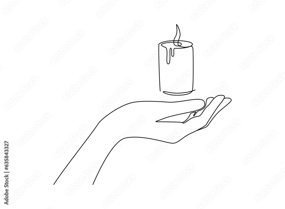 Aufkleber one continuous line drawing of hand holding candle. symbol of prayer and church concept in simple li