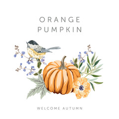 Autumn design template print. Orange pumpkin, maple leaf, flowers, small chickadee bird, white background. Vector illustration. October harvest background. Fall season © ojardin