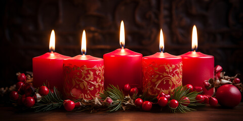 Obraz na płótnie Canvas Advent wreath with all four candles lit up with Christmas tree fairy lights. Festive Advent Wreath and Christmas Tree Lights