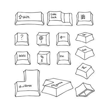 A set of keyboard buttons with a symbols. Vector illustration with black contour lines, isolated on a white background in a doodle style.
