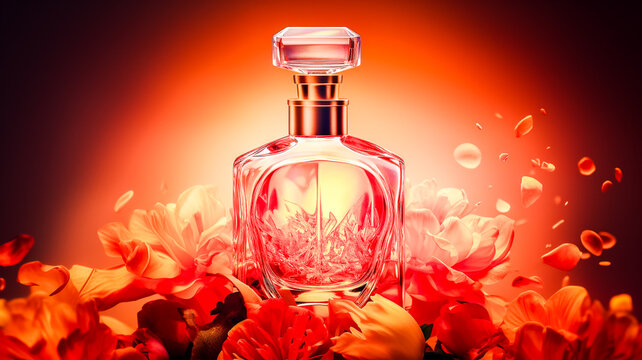 Flacon de parfum - Pr&eacute;sentation publicitaire d'un parfum dans les tons de orange - G&eacute;n&eacute;rative IA