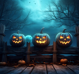 Eerie Halloween Pumpkins Adorn a Willow Fence in Moonlit Night - AI generated