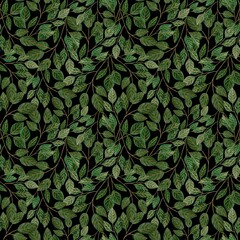 Seamless watercolor background in nature style green. Vintage Pattern. Floral pattern, Golden split-leaf.