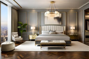 luxury apartment master bedroom interior furnished with two nightstands topped with stone and brass lamps 