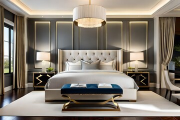 modern bedroom interior with two nightstands topped with stone and brass lamps, Large ivory cream tufted upholstered headboard bed and a tufted bench at the foot
