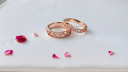 Elegant Wedding Rings with Delicate Rose Petals on White Background