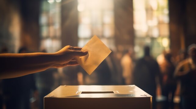hand putting letter in ballot box with blur people  background 