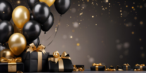 Birthday celebration and gifts with black background generated with AI