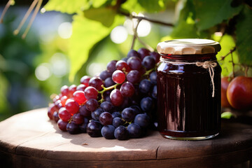 a jar of grape jam on background