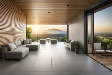 modern living room with furniture, glass window , mountain view