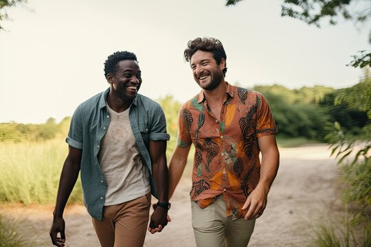 Two young gay men hug and smile in the park, celebrating their love and pride as a happy couple. They are handsome and diverse, with black, caucasian and hispanic backgrounds.