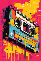 Audio tape. Cassette tape. Pop art style poster design. Generative Ai illustration