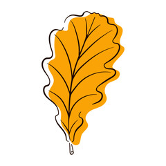 Abstract oak leaf in line art, flat style. Minimalistic art in yellow color. Design element for icon, posters, stickers and invitations. Vector illustration isolated on a white background.