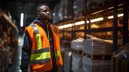 Amid the organized chaos of a warehouse, a black African worker donning a high visibility vest stands poised. The shelves stacked with merchandise serve as a backdrop