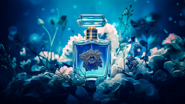 Flacon de parfum - Présentation publicitaire d'un parfum dans les tons de bleu - Générative IA