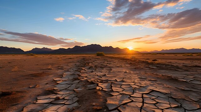 Desert landscape with cracks while sunset