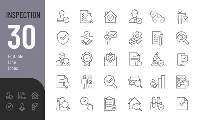 Inspection Line Editable Icons set. Vector illustration of verification web icons in thin line style: inspector, testing, inspection report, quality control, house inspection. Isolated on white - obrazy, fototapety, plakaty