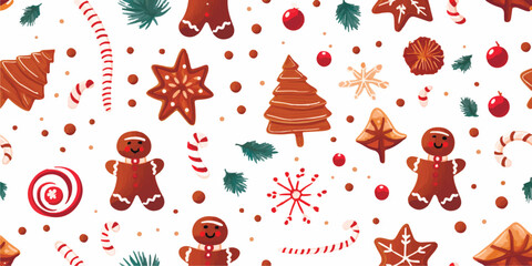 Christmas seamless pattern with cute winter elements, reindeer, candy, gingerbread and pine branch, white background